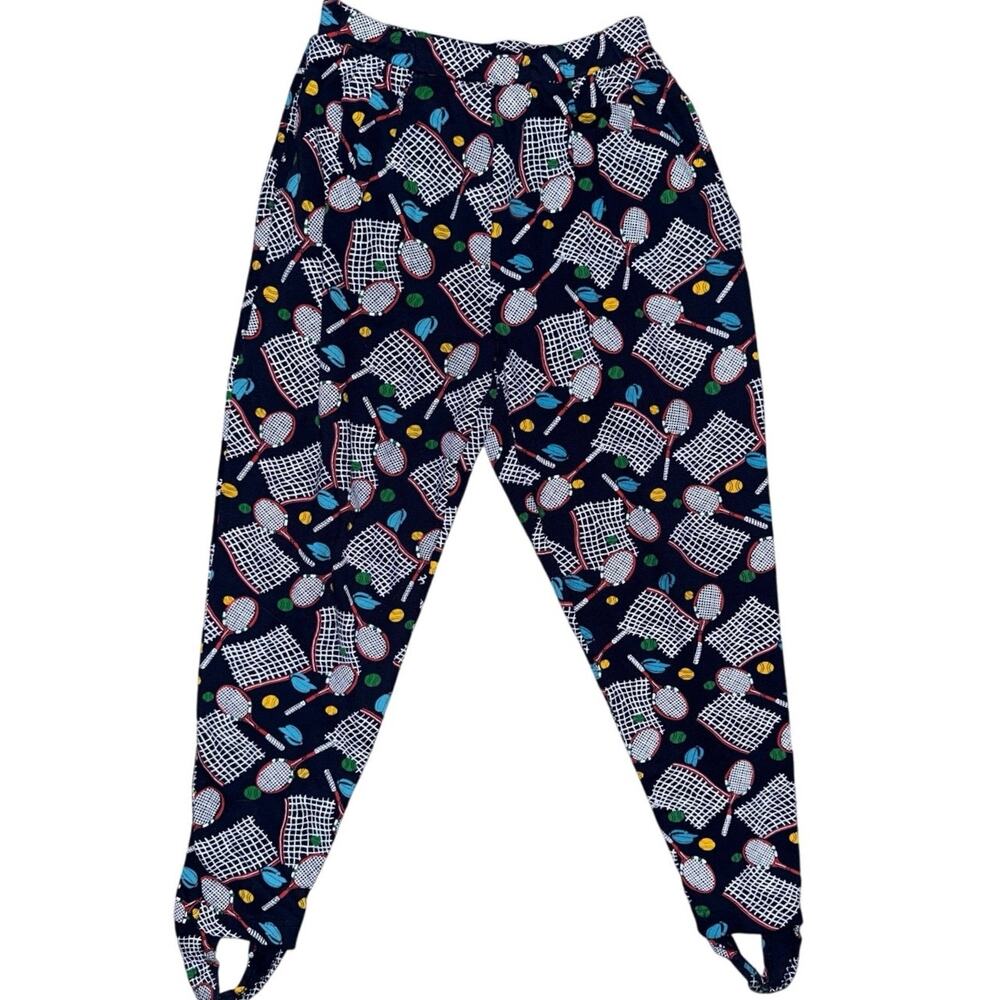 Vtg Chaus Allover Print Stirrup Pants Tennis Racket Net Navy Blue Stretchy Sz M